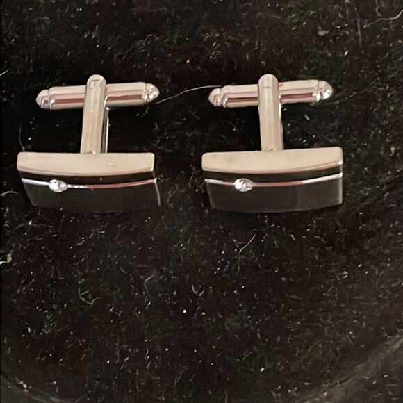 1950s MCM engravable rectangular silver tone bullet back cuff links w/diamond - Picture 4 of 14